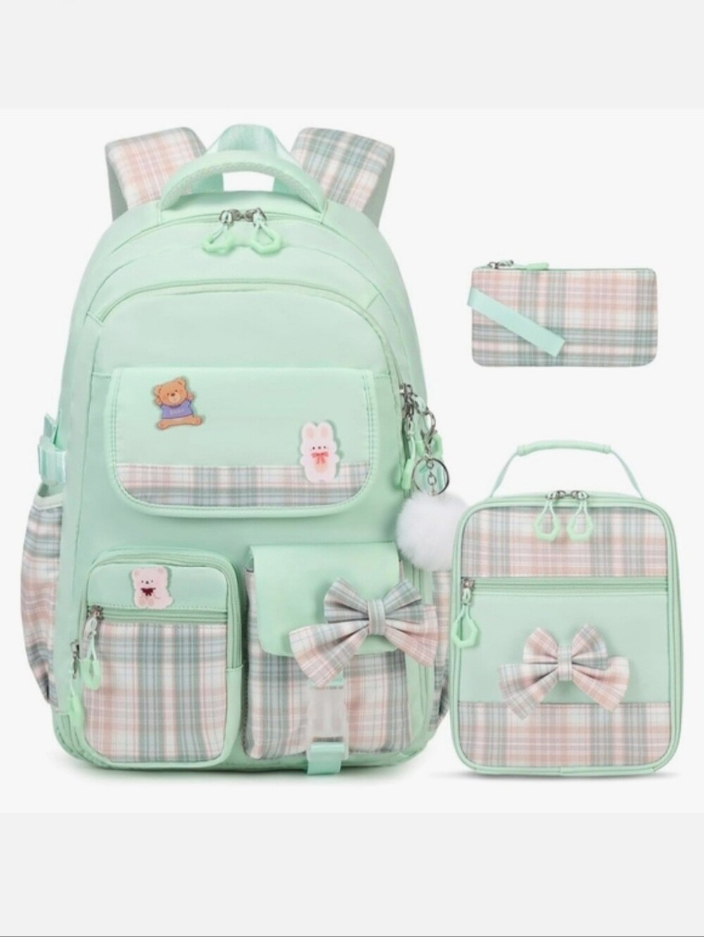 3pc Mint Plaid Girls School Backpack, Lunch Bag & Pencil Case- Cute Bow & Charms